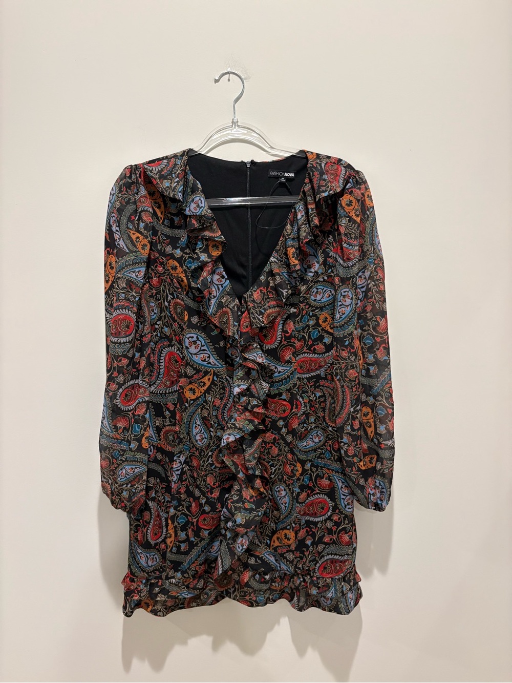 Black Paisley Ruffle V-Neck Dress